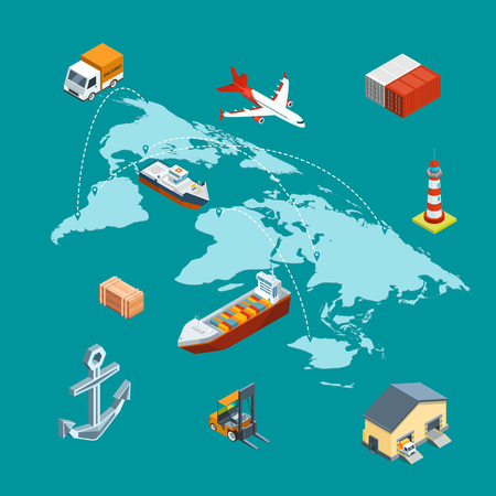 Vector isometric marine logistics and worldwide shipping on world map with pins concept illustrationのイラスト素材
