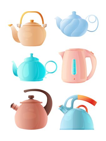 Cartoon kettles. Big set of various teapotsの写真素材