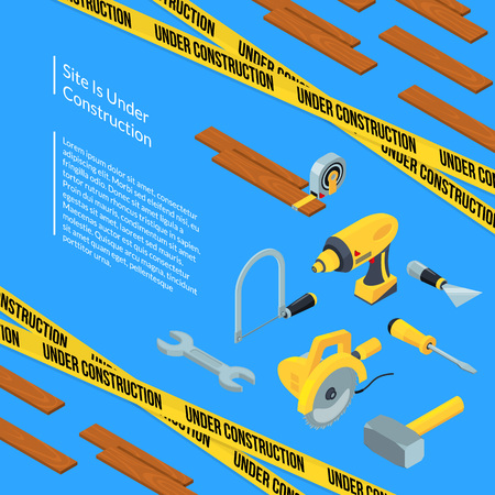 Vector under construction tools isometric icons background with ribbons, wood and place for text concept illustrationのイラスト素材