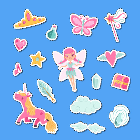 Vector cute cartoon magic and fairytale elements stickers set illustration. Fairytale magic, fairy and fantasy unicornのイラスト素材