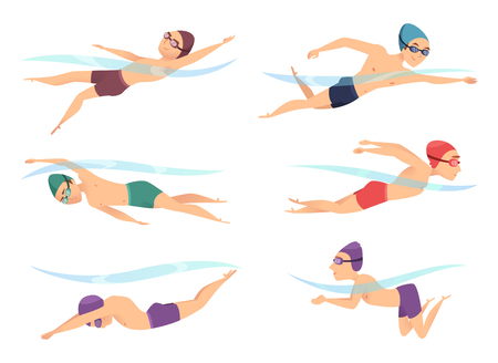 Swimmers at various poses. Cartoon sport characters in poll action poses crawl, breaststroke and butterfly, vector illustrationのイラスト素材