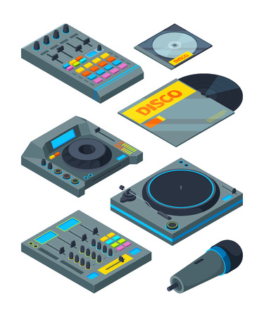 DJ isometric tools. Various instruments for DJ. Vector equipment dj, audio mixer and record illustrationのイラスト素材