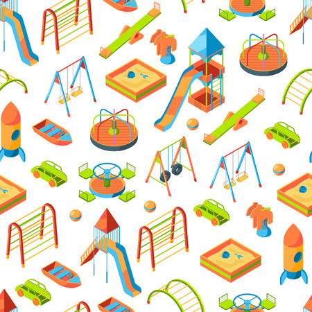 Vector isometric playground objects background or pattern illustration. Swing outdoor, recreation carouselのイラスト素材