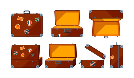Travel case. Vector various views of travel case. Illustration of baggage and briefcase, suitcase containerのイラスト素材