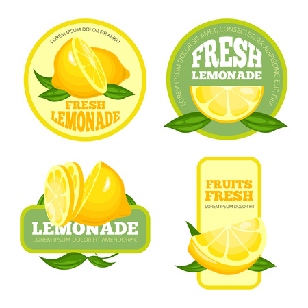 Lemonade badges. Lemon juice or fruit syrup lemonade vector labels or logo illustrations. Lemonade juice and lemon drinkのイラスト素材