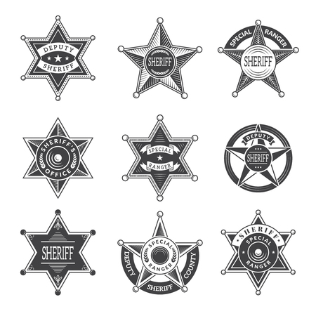 Sheriff stars badges. Western star texas and rangers shields or logos vintage vector pictures. Illustration of texas star, ranger sheriff badgeのイラスト素材
