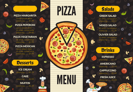 Pizzeria menu template. Italian kitchen cuisine food pizza ingredients cooking lunch and desserts vector background. Pizza menu, pizzeria with dessert and salad illustrationのイラスト素材