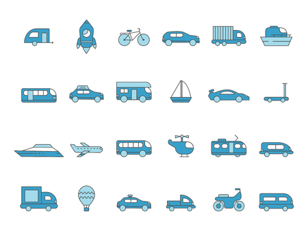 Cars line icons. Transportation colored icons. Vector linear symbols. Transportation line collection, car and airplane, train and bike illustrationのイラスト素材