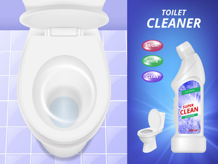 Toilet cleaner advertising. Fresh clean concept poster liquid detergent toilet sink and bathroom. Vector realistic picture bathroom antiseptic chemistry, detergent cleaning illustrationのイラスト素材