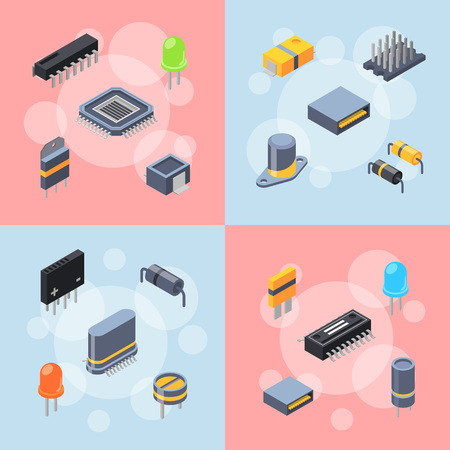Vector banner and poster with isometric microchips and electronic parts icons infographic concept illustrationのイラスト素材