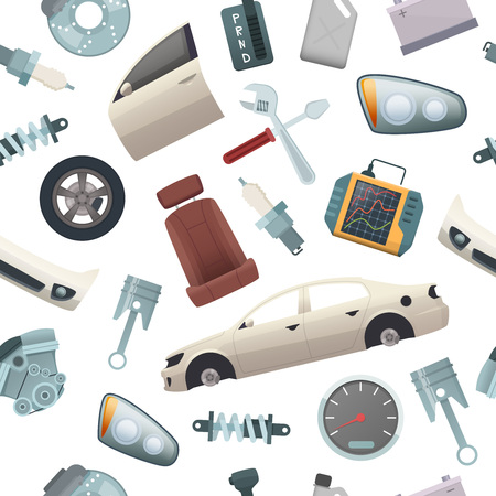 Car tools pattern. Mechanic details of automobile isolated parts engine wheel transmission door body vector cartoon seamless pictures. Car repair pattern with tools and gear auto illustrationのイラスト素材