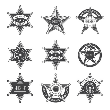 Sheriff stars badges. Western star texas and rangers shields or logos vintage vector pictures. Illustration of texas star, ranger sheriff badgeのイラスト素材