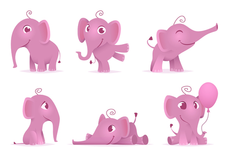 Cute baby elephants. Wild african funny adorable animals vector characters in different action poses. Illustration of pink elephant animal babyのイラスト素材