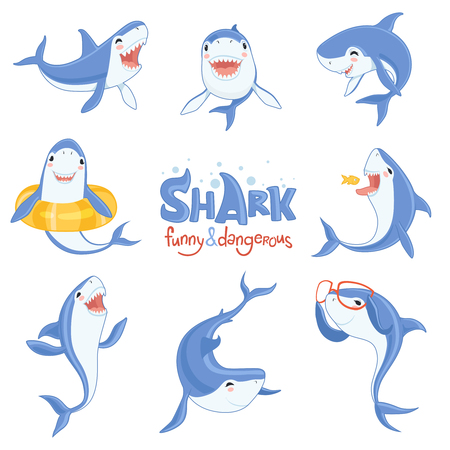 Shark cute animal. Fish attack playing hungry and happy ocean sea shark with big teeth scary blue vector characters. Illustration of shark ocean, fish predator underwaterのイラスト素材