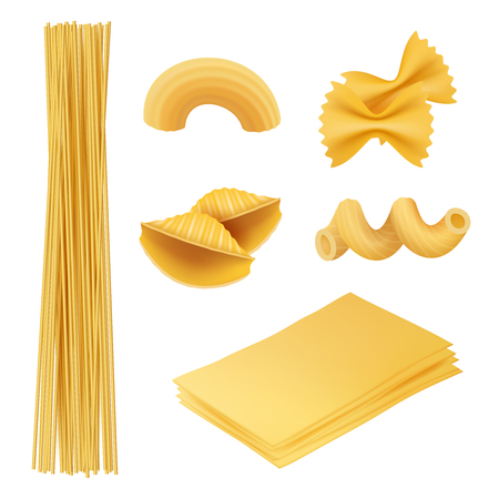 Pasta realistic. Italian food farfalle fusilli macaroni cook ingredients vector pictures of traditional cuisine. Italian cuisine, food macaroni, fusilli and penne illustrationのイラスト素材