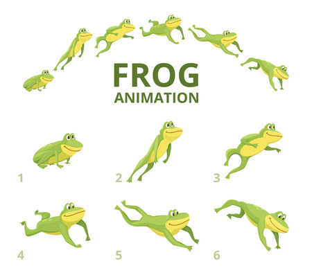 Frog jumping animation. Various keyframes for green animal. Vector frog animation, jump amphibian animated illustrationのイラスト素材