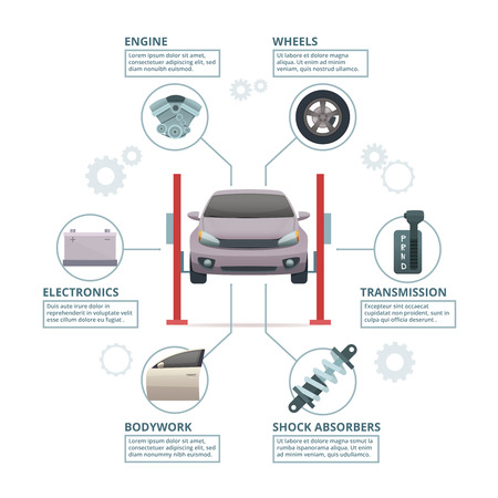 Car repair infographic. Auto industry parts automobile tuning transmission wheels engine shock absorbers. Vector technician pictures. Automobile engine, transmission auto tuning service illustrationの写真素材