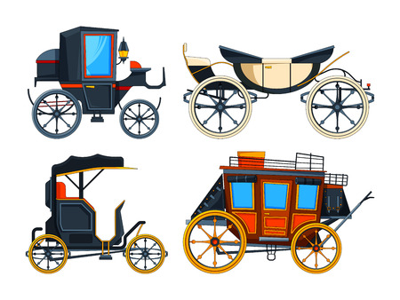 Retro transport carriage. Vector pictures of carriages. Collection of retro cart, chariot victorian illustrationのイラスト素材