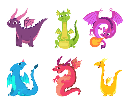 Cute dragons. Fairytale amphibians and reptiles with wings and teeth medieval fantasy wild creatures vector characters. Illustration of fantasy animal character, reptile mythologyの写真素材