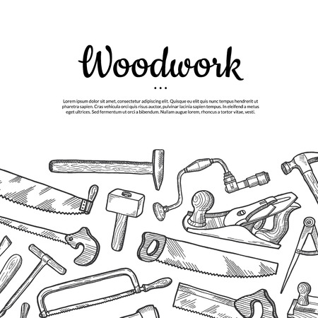 Vector hand drawn carpentry elements background with place for text illustrationのイラスト素材