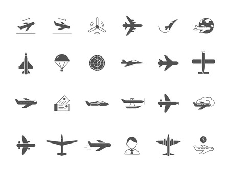 Airplane black icons. Jet aircraft military forces and civil aviation travel vector symbols. Airplane aviation, aircraft and flight transportation, travel airline illustrationの写真素材