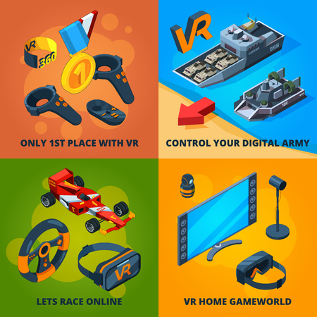 Vr computer games. Digital entertainment immersive experience peoples playing virtual reality helmet headset vector concept isometric. Vr device cyberspace, glasses simulator equipmentのイラスト素材