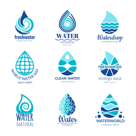 Water logos. Aqua water drops and splashes silhouette health rain spa vector symbols isolated with place for your text. Illustration of drop logo, droplet aqua emblemのイラスト素材