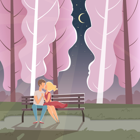 Happy lovers background. Funny dating couple sitting romantic environment st valentine holiday celebration vector cartoon illustration. Romantic love date, woman and man datingのイラスト素材