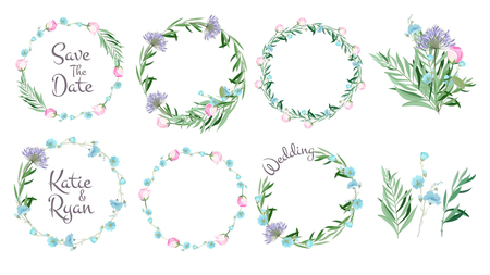 Floral frames. Circle shapes with flowers branches decorative elements simple leaf greeting cards layout wreath vector set. Floral wreath decorative, frame decoration for wedding illustrationのイラスト素材