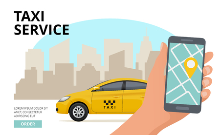 Taxi order. Hand holding smartphone and push button to call business city public urban car vector travel concept. Illustration of taxi mobile app online serviceの写真素材