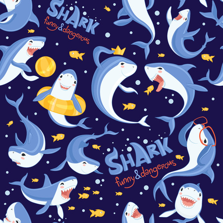 Shark pattern. Sea ocean fish blue scare animal aquarium life big open mouth of cartoon attack shark vector seamless picture. Fish ocean life pattern, illustration of shark backgroundの写真素材