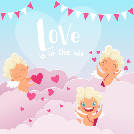 Cupid clouds background. Valentine day baby amur romantic greece god with bow flying clouds hunting lovers couples vector illustration. Cupid love angel, amur romanticのイラスト素材