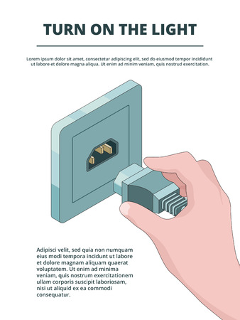 Electric socket activate. Business concept of electric plug connections with place for your text vector isometric. Illustration of plug electric, electricity connection cable, turn lightのイラスト素材