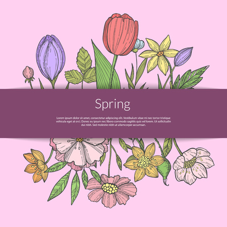 Vector hand drawn flowers in bouquet under ribbon illustration. Web banner and posterのイラスト素材
