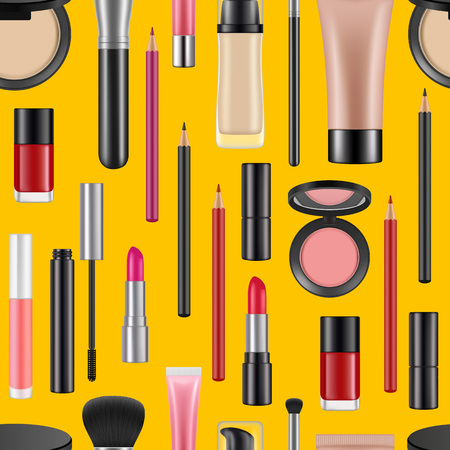 Vector colored realistic makeup elements pattern or background illustration. Brush and cosmeticのイラスト素材