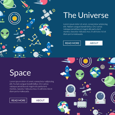 Vector flat space icons web banner templates illustration. Poster with planet and rocketsの写真素材