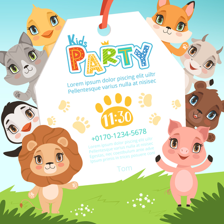 Animals kids invitations. Cute funny jungle animals in cartoon style placard at baby birthday celebration party vector pictures. Illustration of birthday invitation baby with funny animalsの写真素材