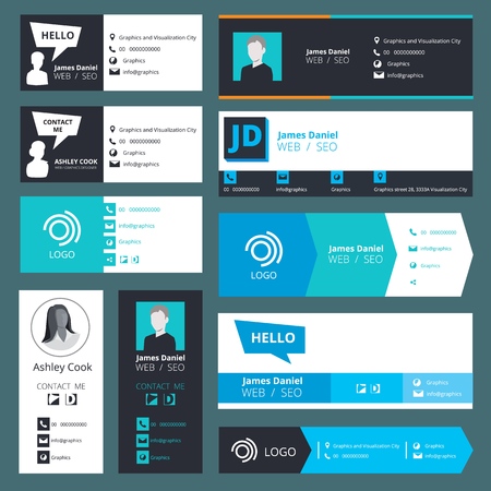 Email signature template. Office business visit cards for webmail user interface with place for your photo and text vector. Web business profile individual illustrationのイラスト素材