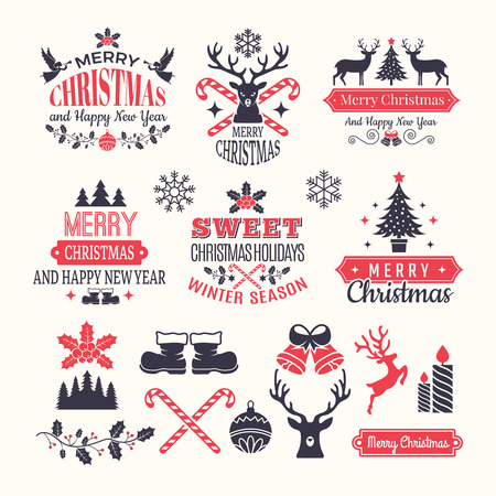 Christmas holiday labels. Vintage winter badges and logos with various snow new year vector elements and place for your text. Merry xmas logo, badge celebration, greeting holiday badge illustrationのイラスト素材