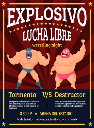 Lucha libre poster. Retro placard announced fighting match of mexican wrestlers luchador vector muscle characters. Illustration of placard announced fighting luchador eventのイラスト素材