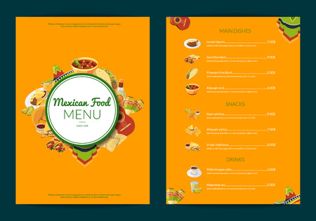 Vector cartoon mexican food cafe or restaurant menu template illustration. Flat style designのイラスト素材