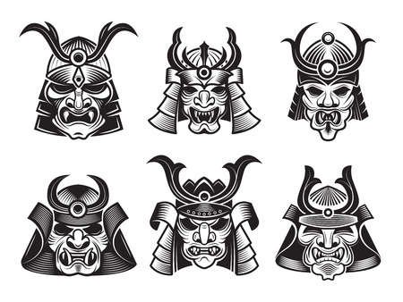 Asian martial mask. Japanese samurai face armour warrior vector illustrations for tatoo or logo designs. Martial warrior mask, ninja fighter monochrome illustrationのイラスト素材