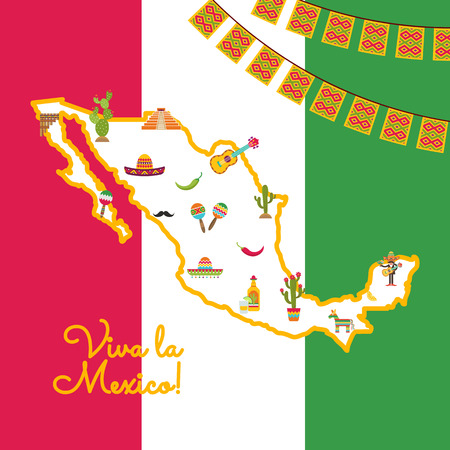 Vector flat Mexico attributes on map on mexican flag with garlands concept illustrationのイラスト素材