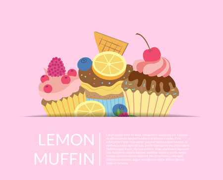 Vector cute cartoon muffins or cupcakes in paper pocket background with place for text and shadows illustrationのイラスト素材