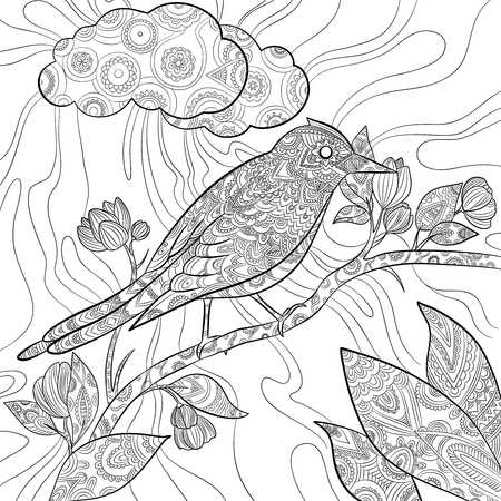 Coloring pages bird. Wild flying animal in sitting on branch vector nature floral pattern line illustrations. Wildlife bird nature drawing sit on branch treeのイラスト素材