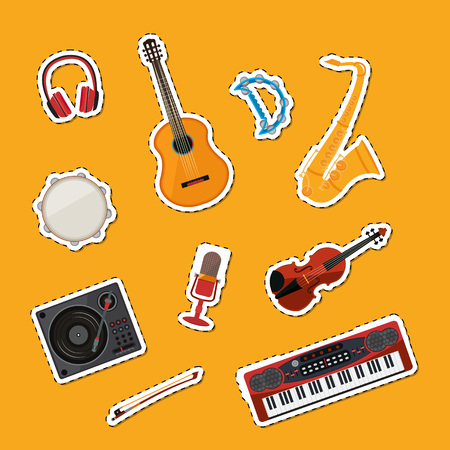 Vector cartoon musical instruments stickers set illustration. Instrument guitar and drum, tambourine and synthesizerのイラスト素材