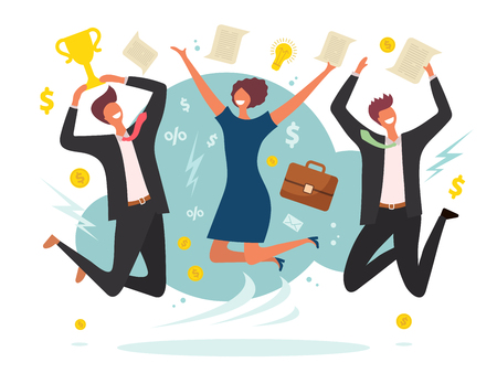 Business victory concept. Winning jumping happy peoples male and female team place vector flat characters background. Business man and woman achievement, team celebrating illustrationのイラスト素材