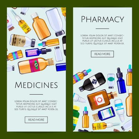 Vector pharmacy medicine bottles web banner or page templates illustrationのイラスト素材