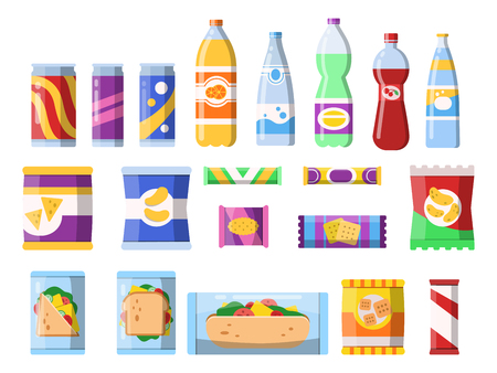 Snacks and drinks. Merchandising products fast food plastic containers water soda biscuits crisps bar chocolate vector flat pictures. Illustration of food sandwich, bottle beverage and snackのイラスト素材