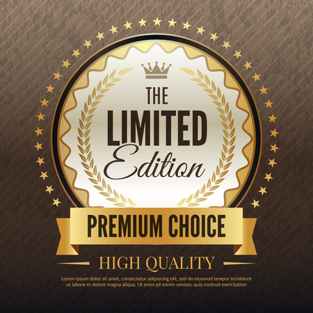 Premium golden poster. Luxury template of high quality service and choice placard vector template with place for your text. Illustration of limited edition certificate, premium label qualityのイラスト素材